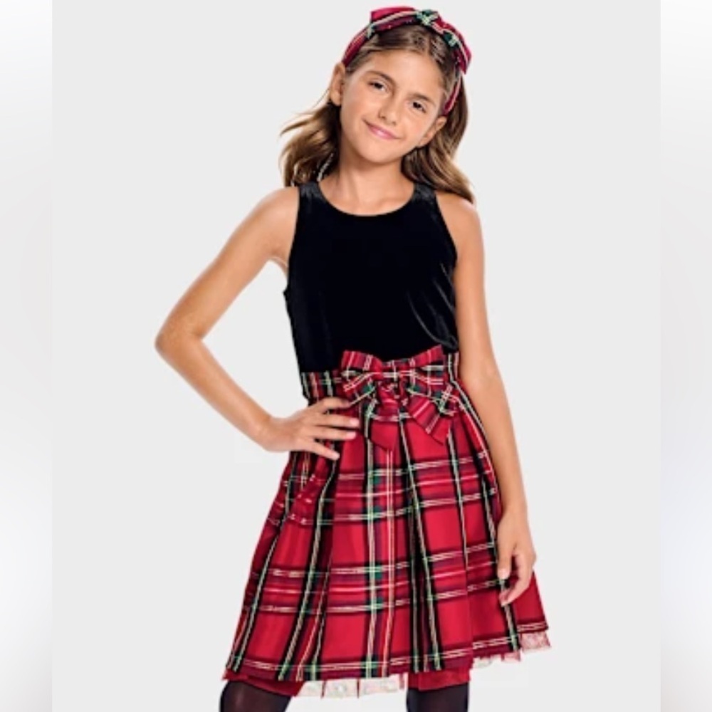 NWT Girl’s Red Plaid Black Velvet Crinoline Bow Holiday Christmas Dress Size 14